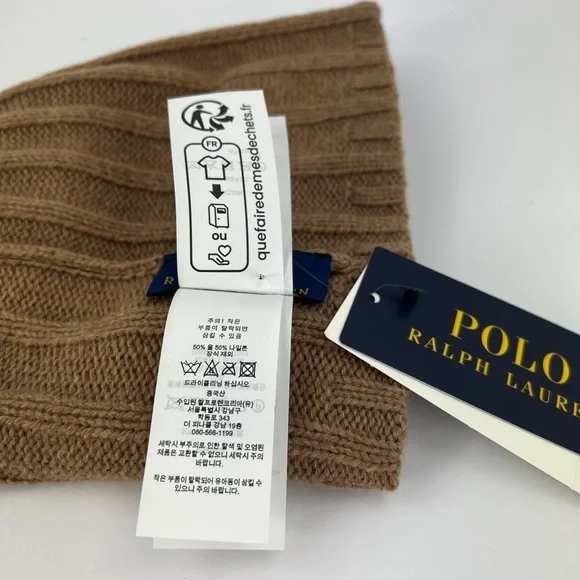POLO RALPH LAUREN, LIGHT BROWN BEANIE, ONE SIZE FITS, 50% WOOL 50% NYLON, UNISEX - Picture 14 of 17